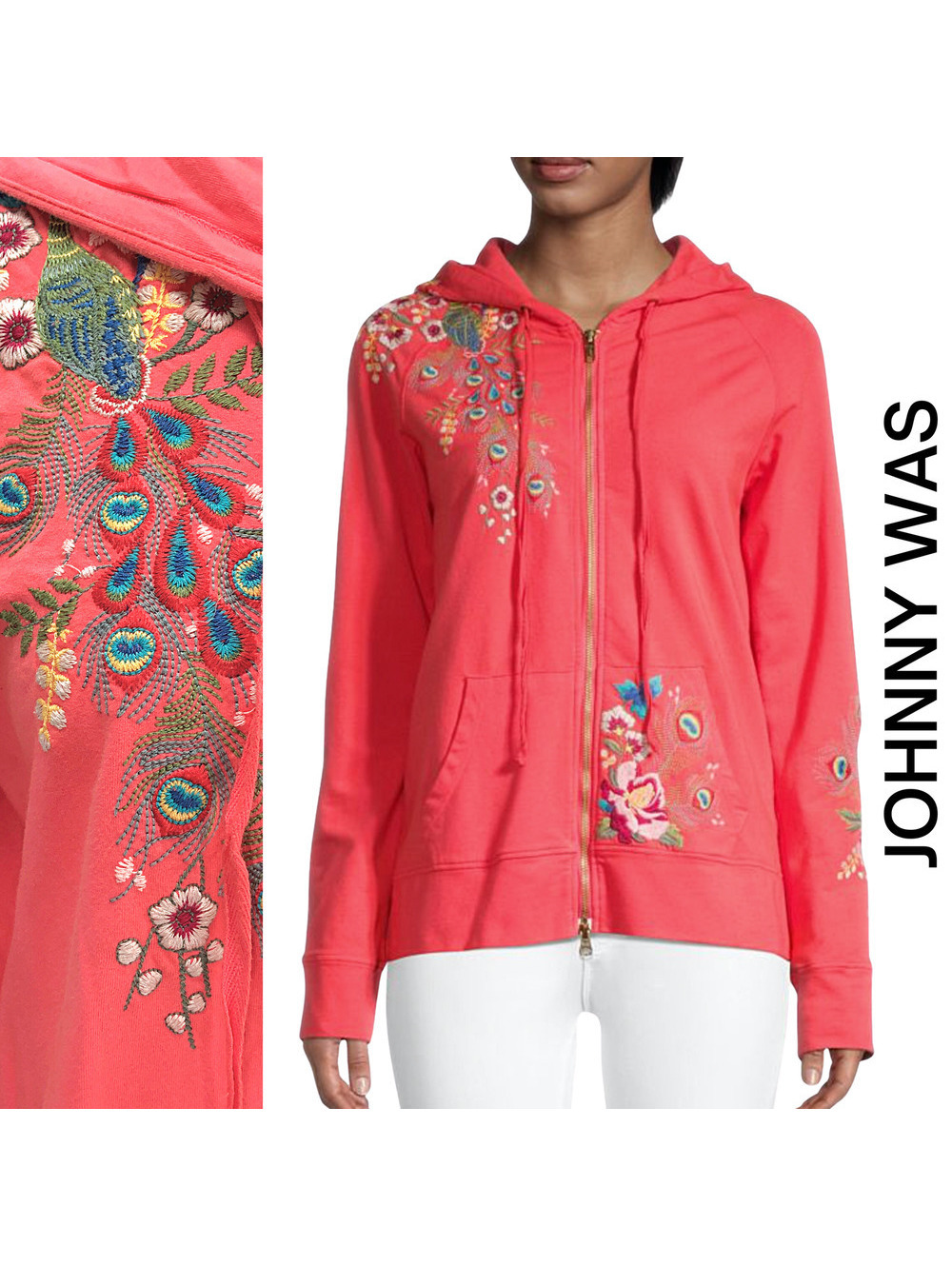 Johnny Was JWLA Vernazza Floral Peacock Embroidery Zipper Hoodie Medium